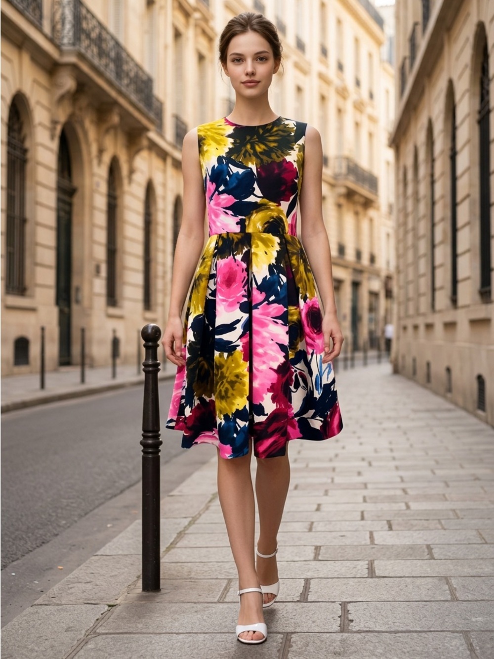 Taylor Floral Fit-and-Flare Dress in Pink, Yellow & Navy Floral